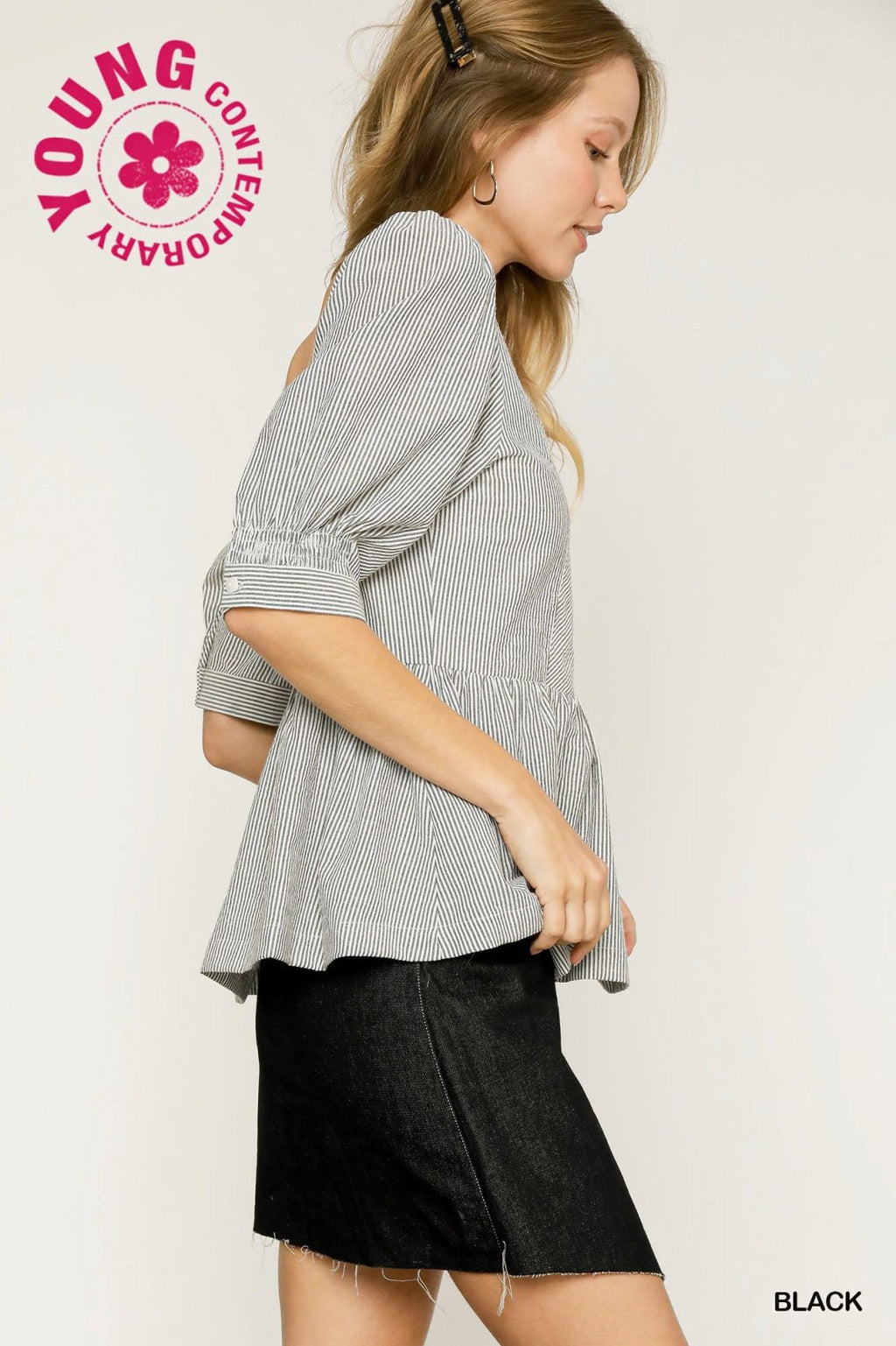 Stylish black and white striped top with square neckline and zipper detail, perfect for Port Aransas boutique fashion.