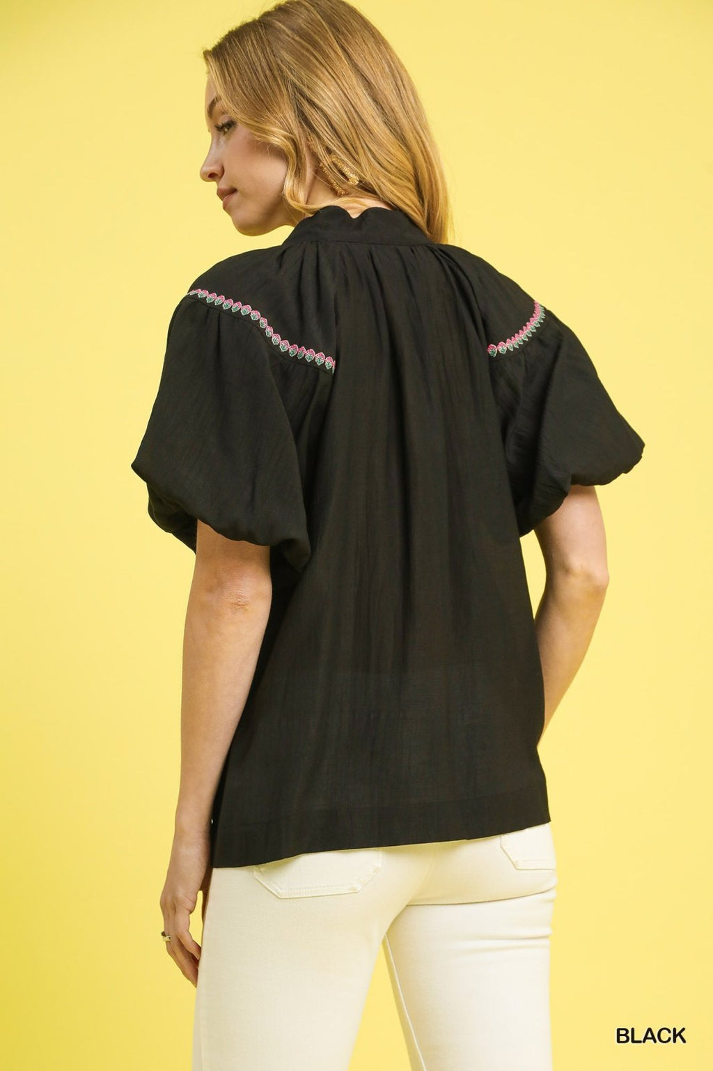 Black Floral Embroidered Puff Sleeve Blouse showcasing a stylish back view, perfect for coastal boutique clothing.
