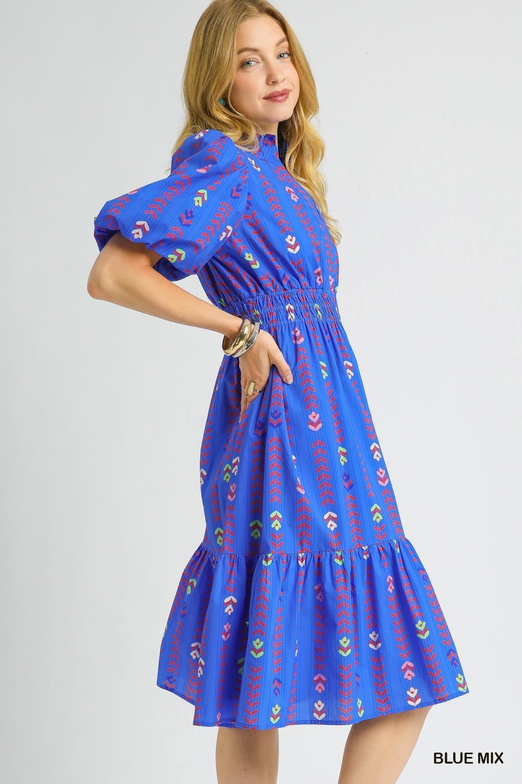 Blue Mix Smocked Waist Midi Dress from coastal boutique clothing, perfect for tropical vacations and curvy plus size fashion.