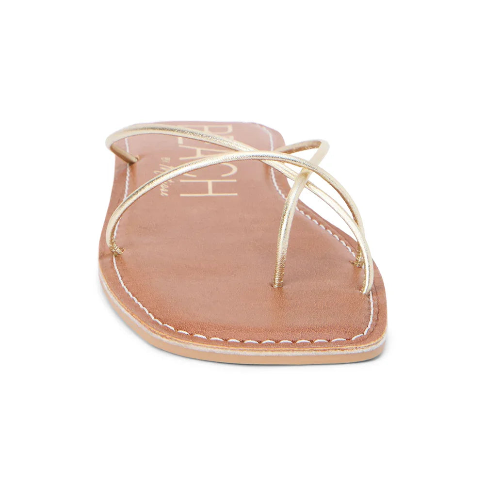 Coastline Gold Sandal with strappy design, perfect for beach dresses and curated women's fashion from Port Aransas boutique.