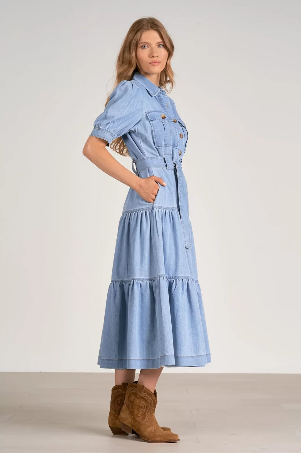 Denim for Days Midi Dress model showcasing trendy coastal style at Raggdoll Boutique, perfect for summer outfits Texas.