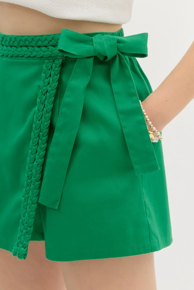 Stylish Kelly green skort with braided waist, perfect for coastal boutique clothing and curvy plus size fashion.