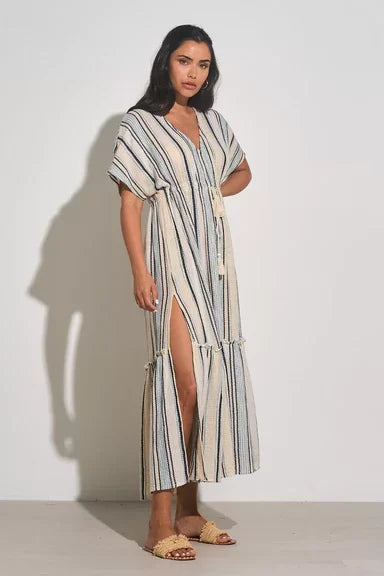 Elan Natural/Blue striped midi dress perfect for beach or boardwalk, available at Raggdoll Boutique.