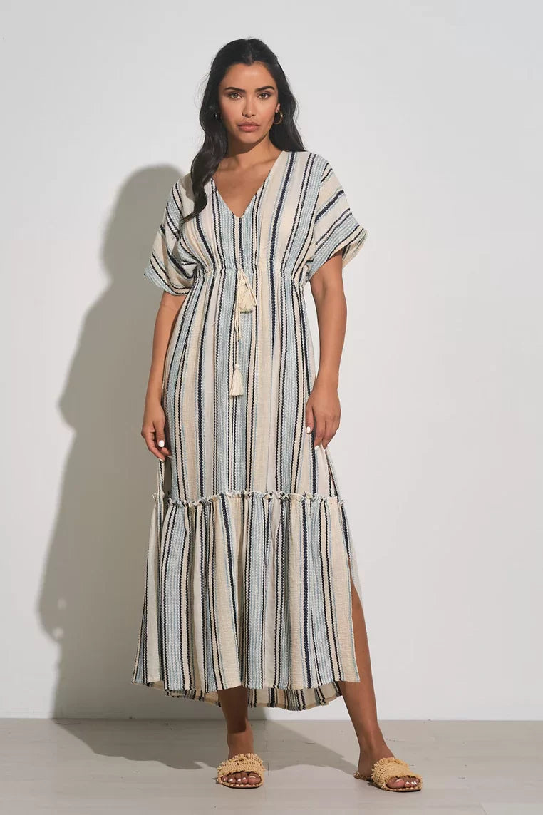 Elan Natural/Blue striped midi dress perfect for beach to boardwalk transitions, from Raggdoll Boutique.