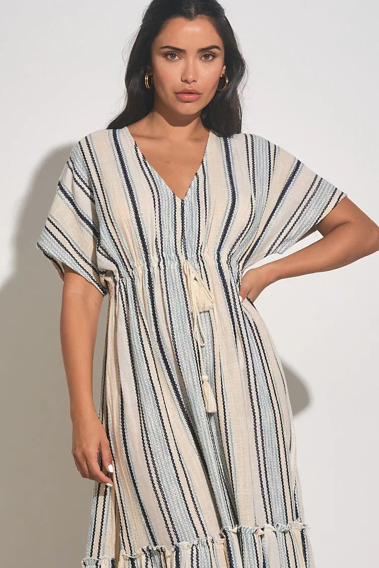 Elan Natural/Blue stylish women’s dress featuring playful blue stripes from Raggdoll Boutique, perfect for vacation wardrobe.