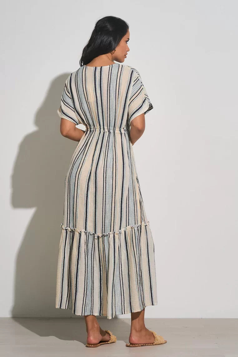 Elan Natural/Blue striped midi dress from Raggdoll Boutique, perfect for summer outfits and coastal fashion.