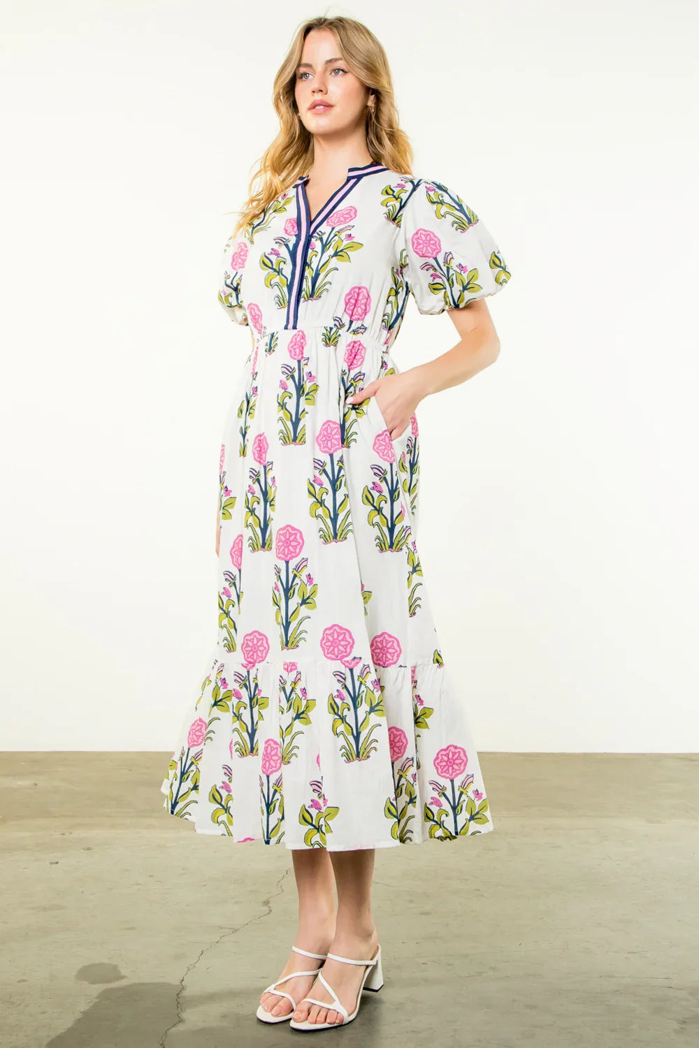 Florence Dress featuring floral print, perfect for spring weddings. Available at Port Aransas boutique with curated women's fashion.