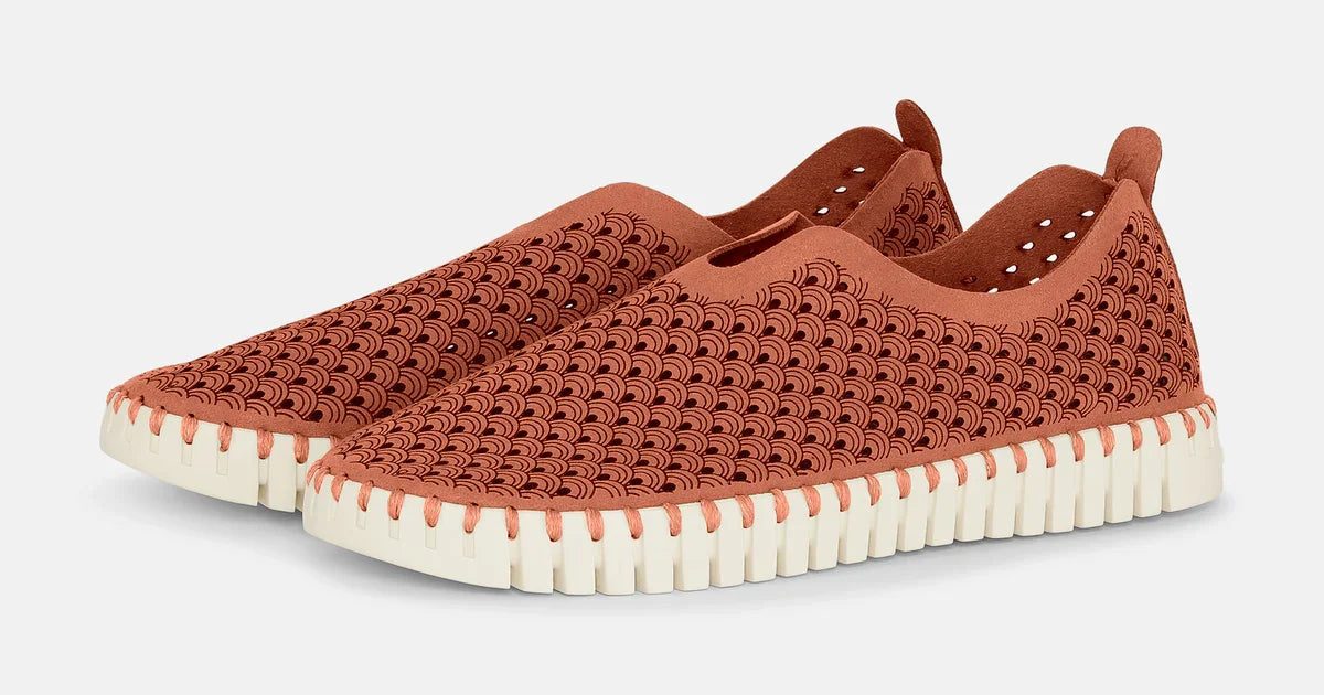 Light Brick Tulips by Ilse Jacobsen, stylish slip-on shoes perfect for coastal boutique clothing and beach dresses.