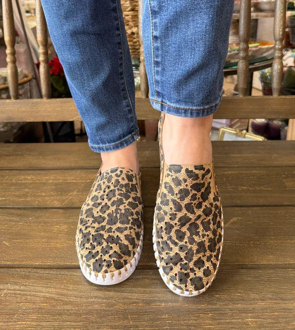LATTE LEO TULIPS by ILSE JACOBSEN stylish leopard print slip-on shoes at Raggdoll Boutique.