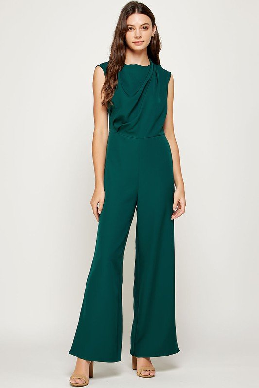 High Cowl Neck Draped Jumpsuit from Raggdoll Boutique, stylish and trendy coastal fashion for summer outfits Texas.