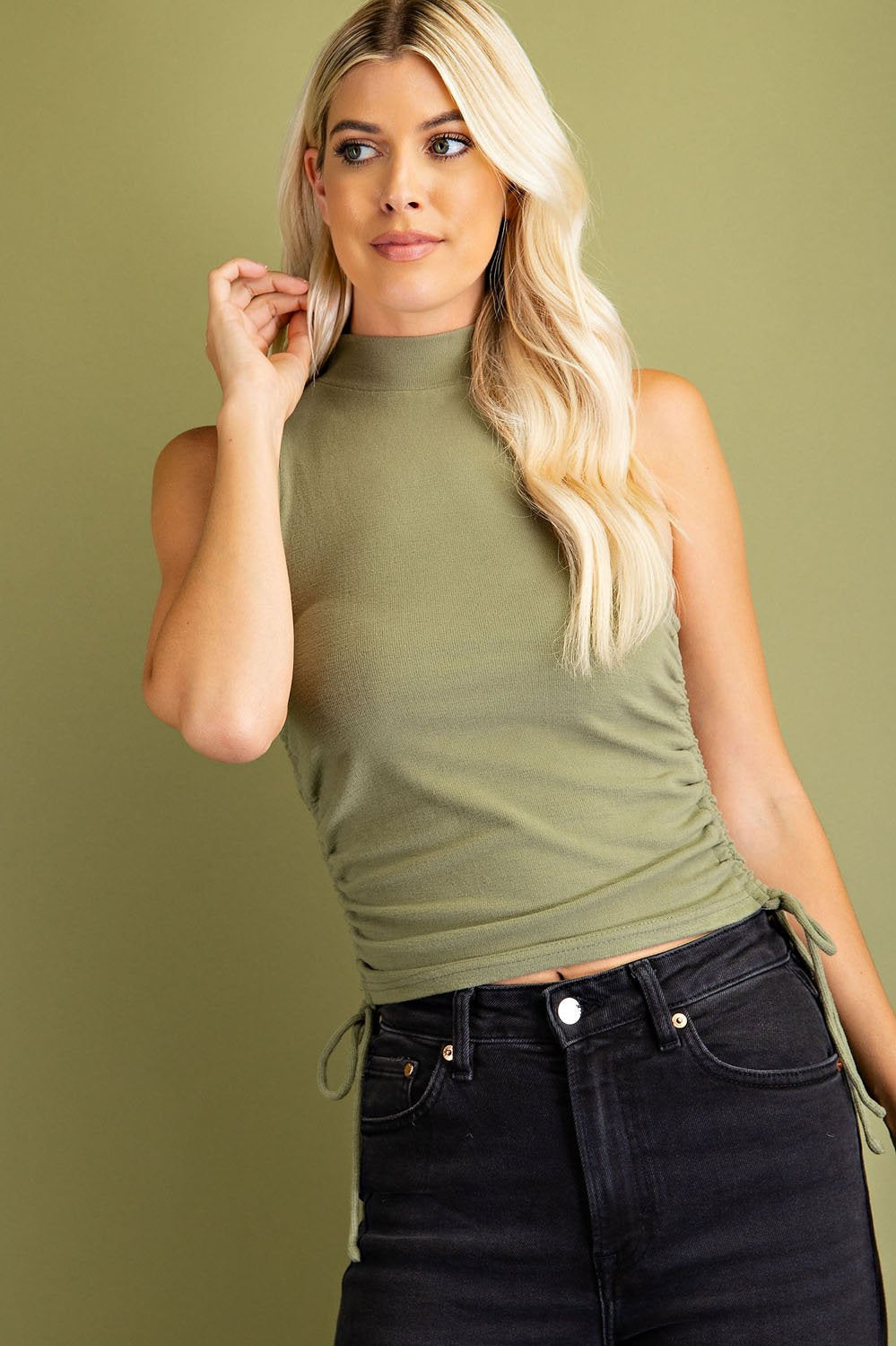 SO SOFT OLIVE RUCHED MOCK NECK TOP styled with black jeans, perfect for trendy coastal style and summer outfits Texas.