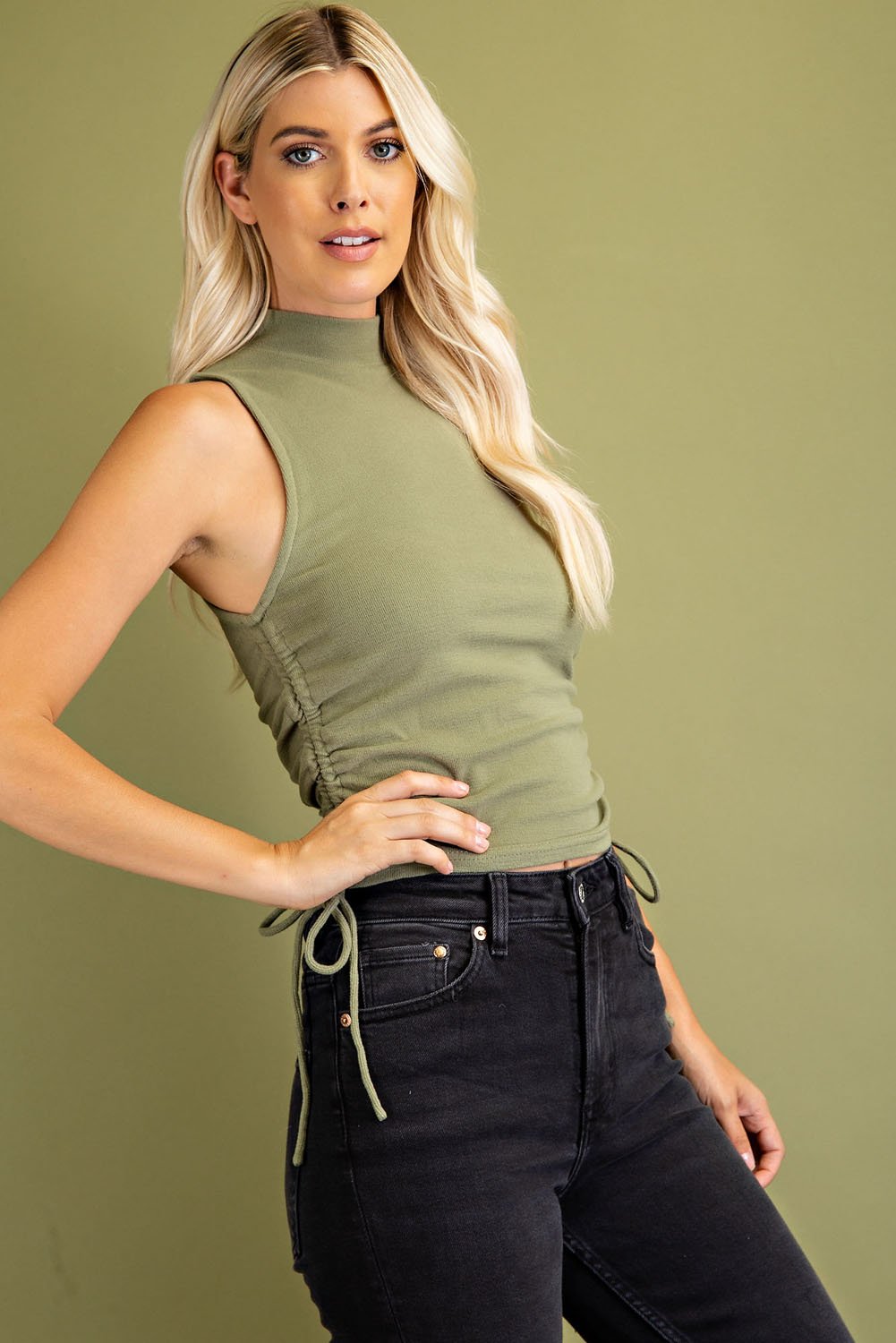 SO SOFT OLIVE RUCHED MOCK NECK TOP styled with black jeans, trendy coastal style from Raggdoll Boutique.