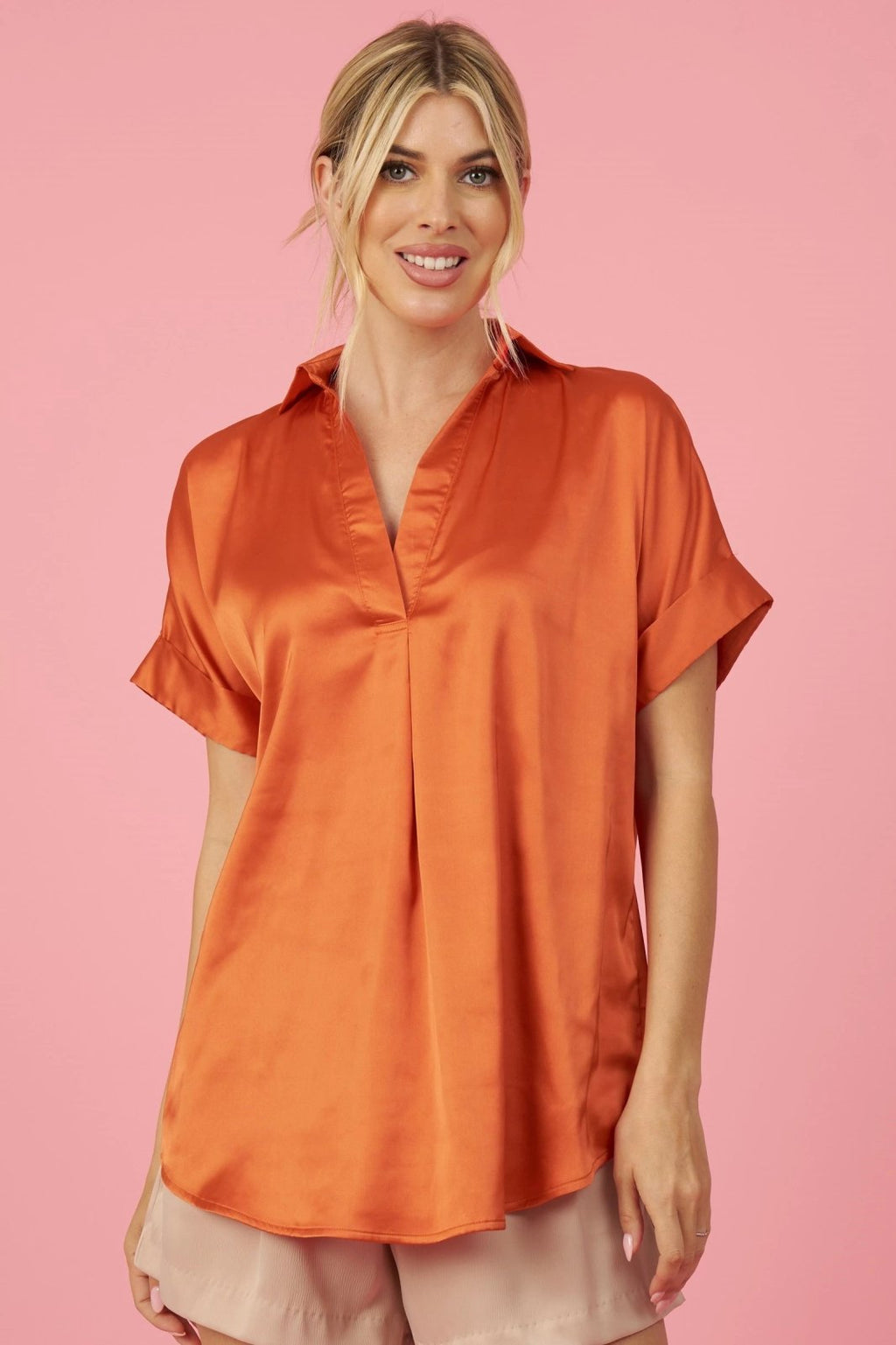 ORANGE COLLARED SATIN TOP from Raggdoll Boutique, perfect for vacation wardrobe boutique and trendy coastal style.