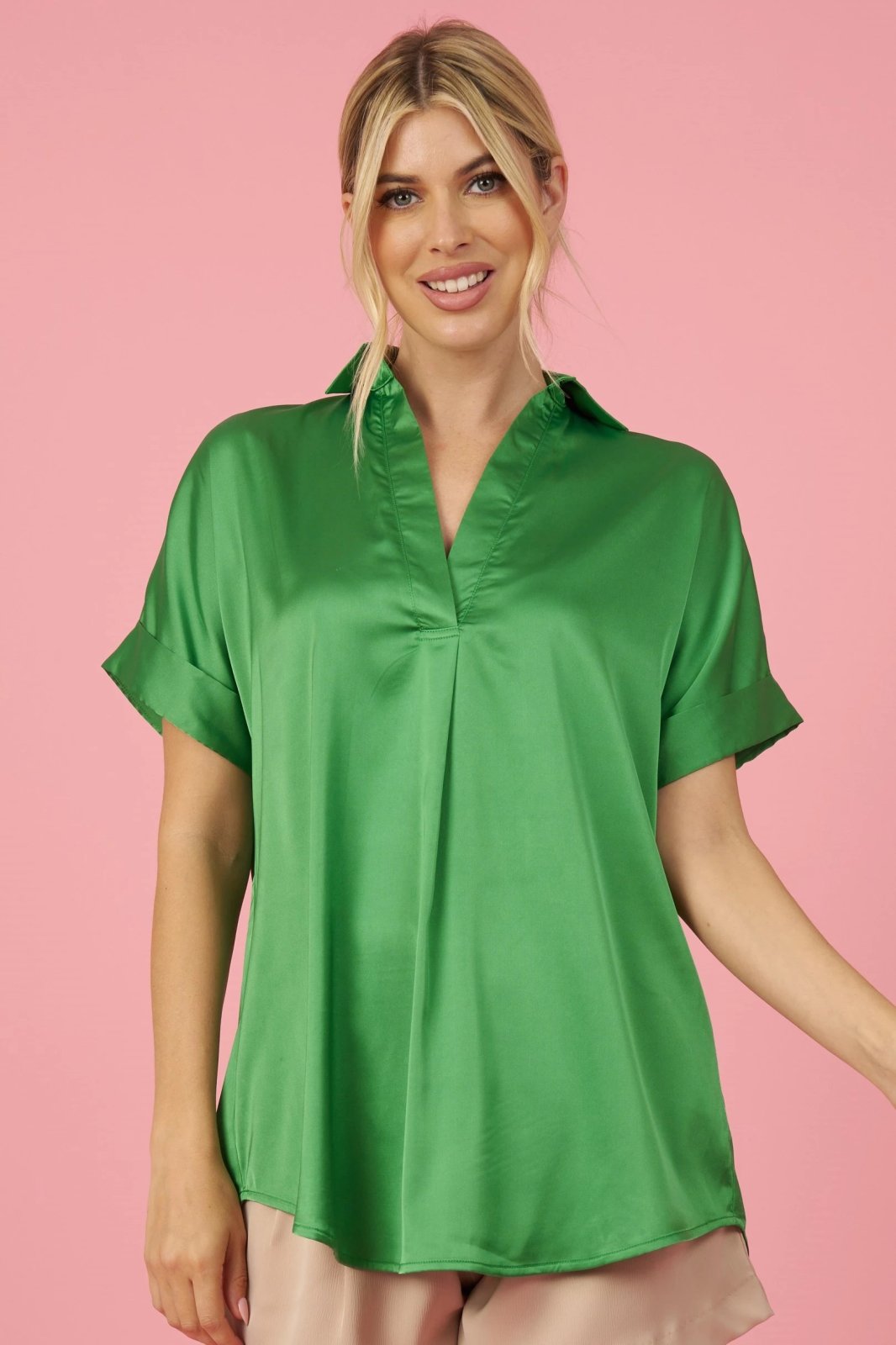 KELLY GREEN COLLARED SATIN TOP from Raggdoll Boutique, perfect for trendy coastal style and summer outfits Texas.