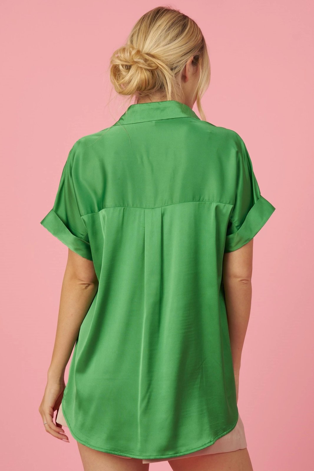 Back view of KELLY GREEN COLLARED SATIN TOP from Raggdoll Boutique, showcasing trendy coastal style.