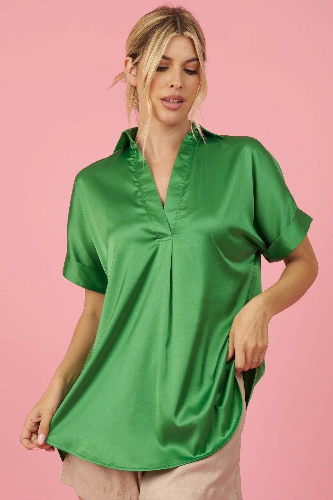 KELLY GREEN COLLARED SATIN TOP from Raggdoll Boutique, perfect for trendy coastal style and summer outfits Texas.