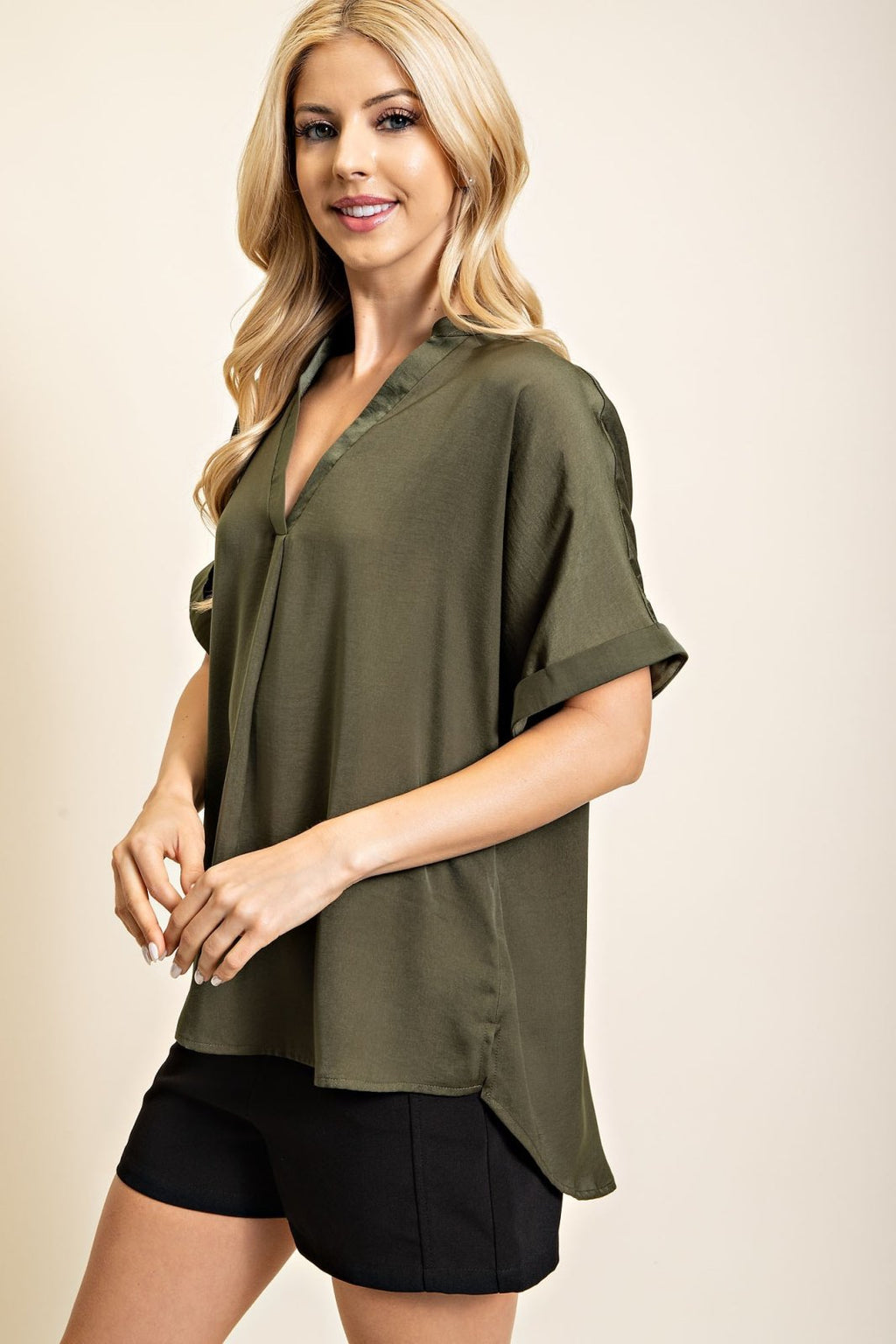 OLIVE SATIN HI-LO TOP by Raggdoll Boutique, perfect for coastal fashion in Port Aransas, trendy women’s clothing.