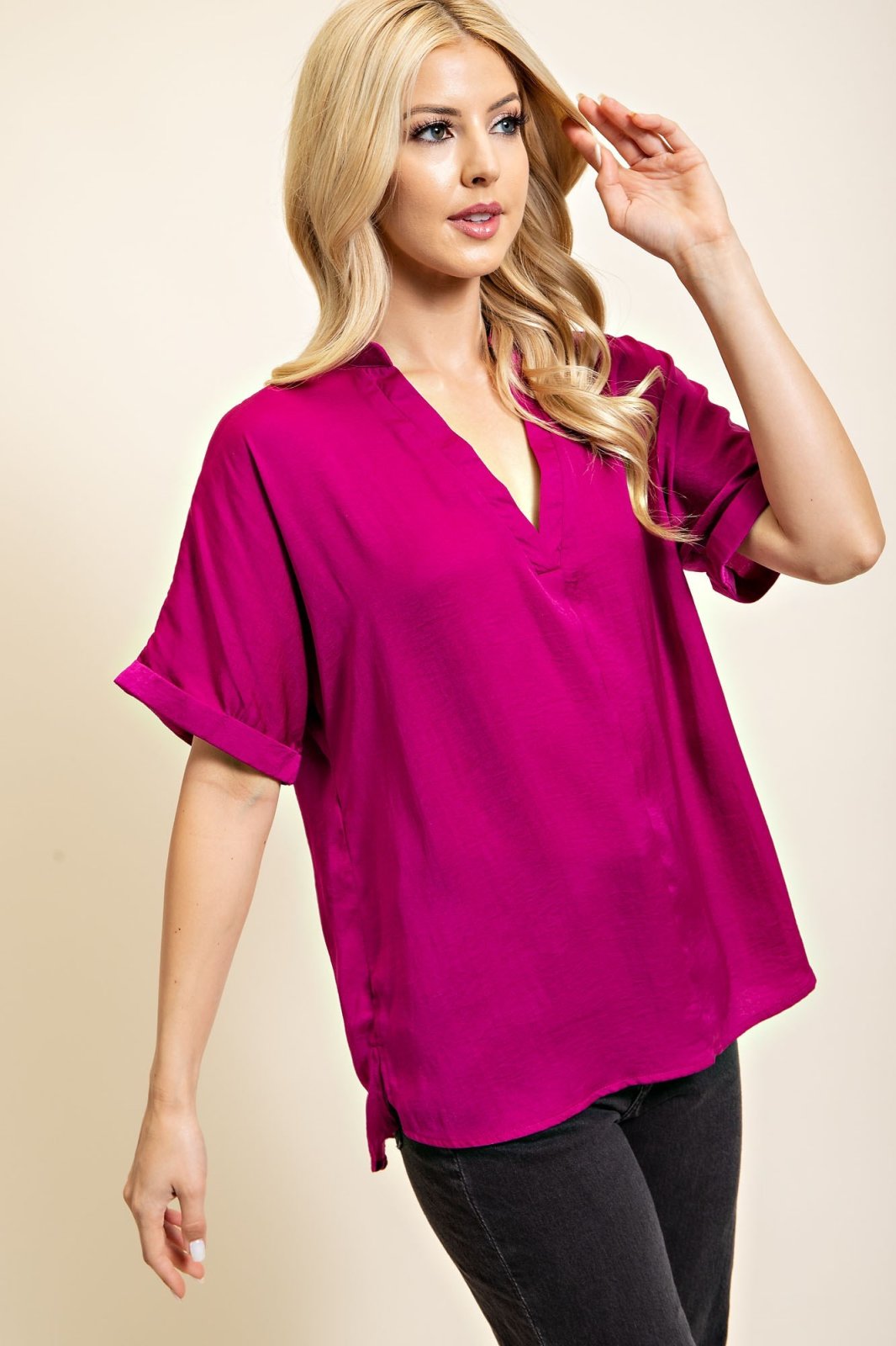Plum satin hi-lo top, stylish women's fashion from coastal boutique clothing, perfect for tropical vacations and beach outings.