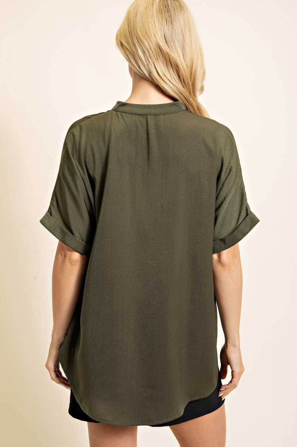Back view of OLIVE SATIN HI-LO TOP from Raggdoll Boutique, perfect for trendy coastal style and summer outfits Texas.