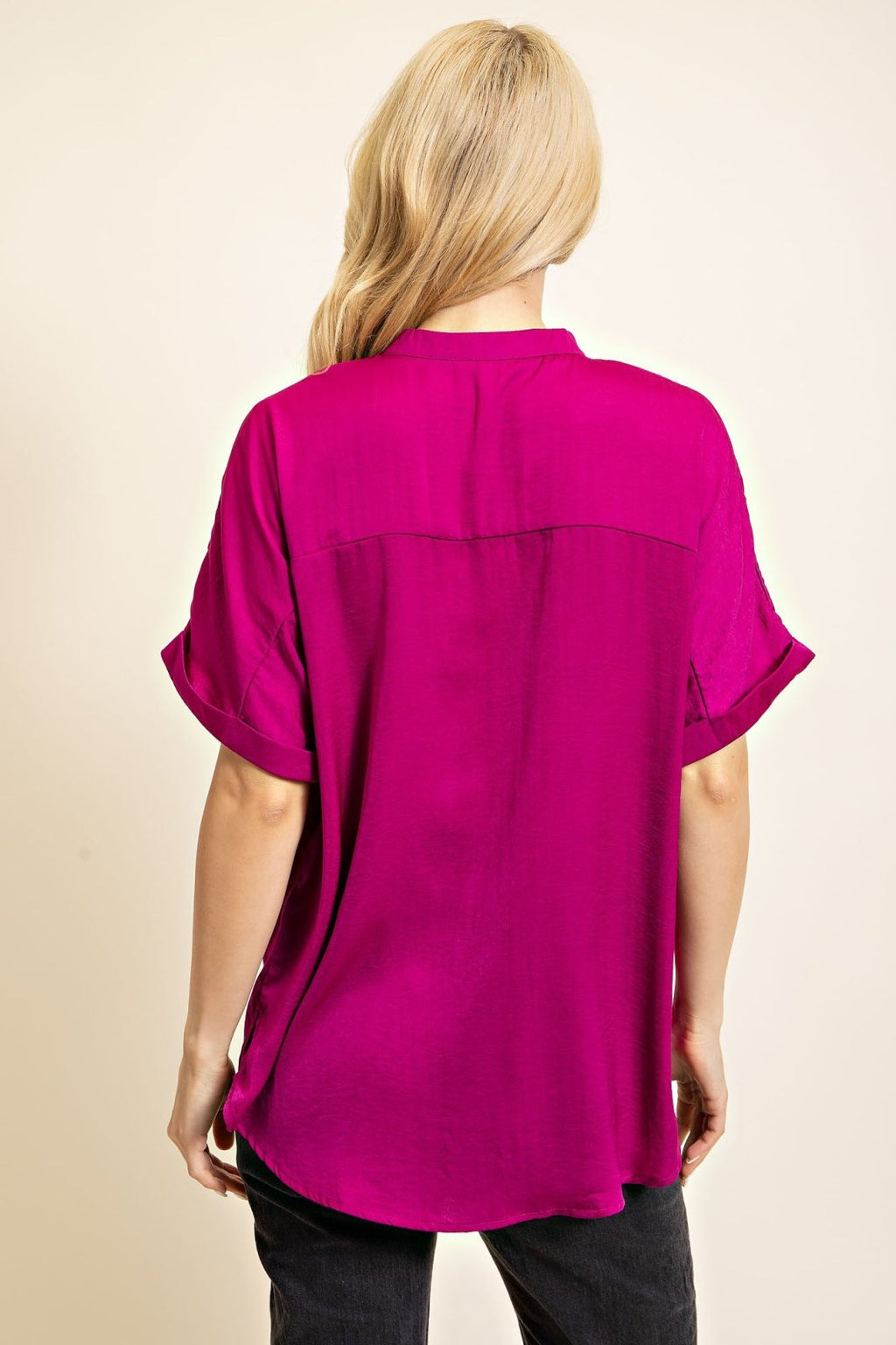 Back view of plum satin hi-lo top for women, perfect for beach dresses, coastal boutique clothing, and curvy plus size fashion.