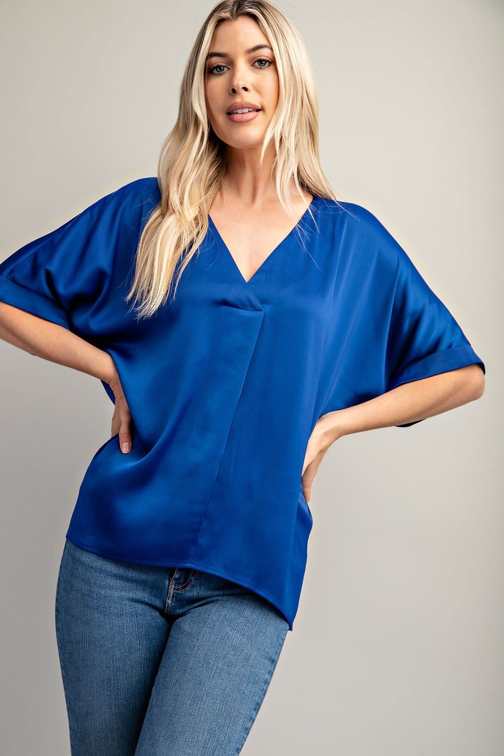 Abby Top in Royal displayed by model, trendy coastal style from Raggdoll Boutique, perfect for summer outfits Texas.