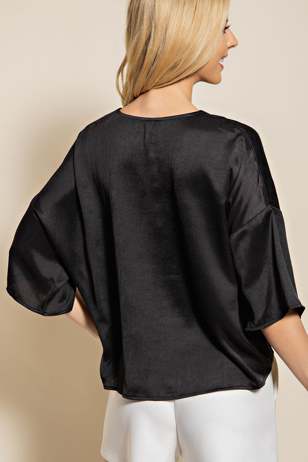BLACK TIE-FRONT TOP in black, stylish back view, perfect for casual summer outfits at Raggdoll Boutique.