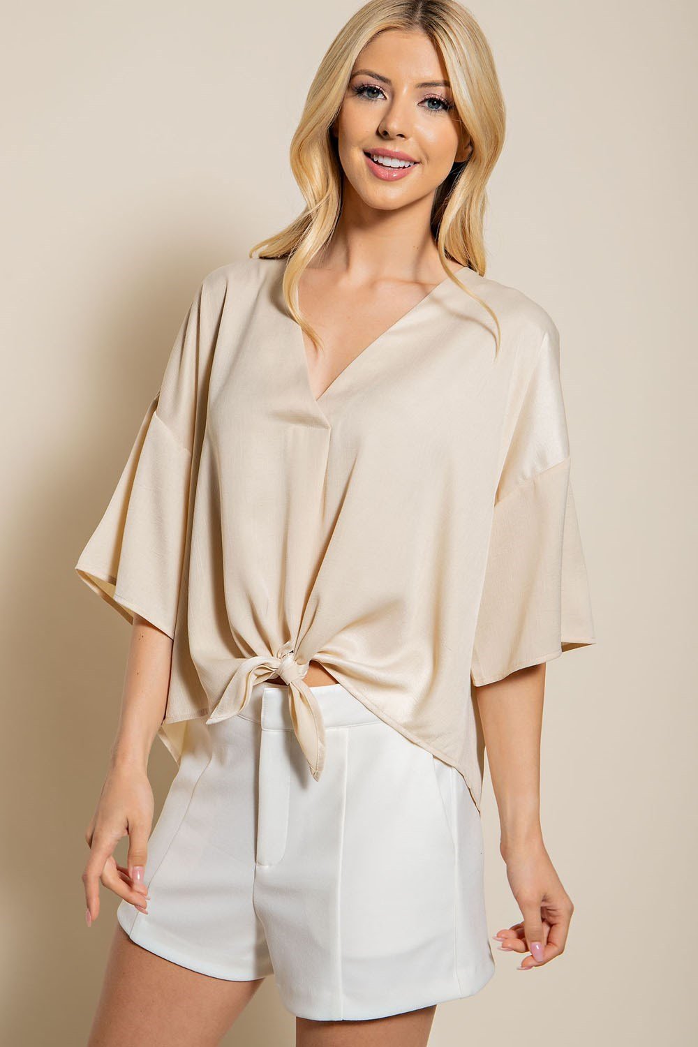 CREAM TIE-FRONT TOP from Raggdoll Boutique, perfect for trendy coastal style and summer outfits in Texas.