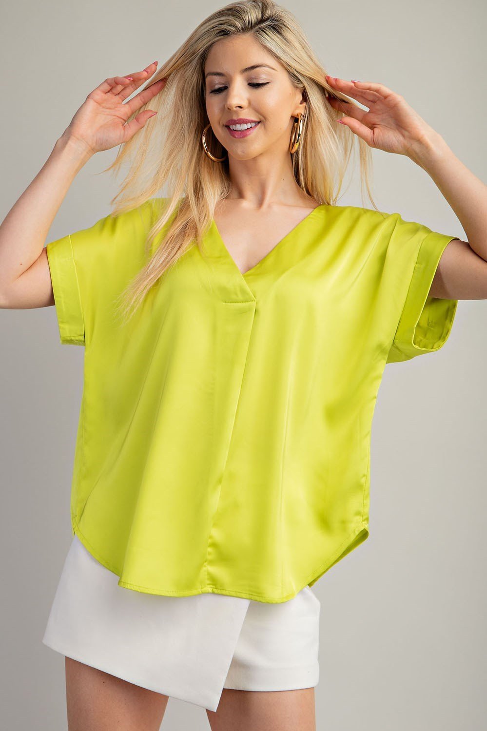 Lime V-Neck Short Sleeve Top for women, stylish coastal boutique clothing, perfect for tropical vacations and casual outings.