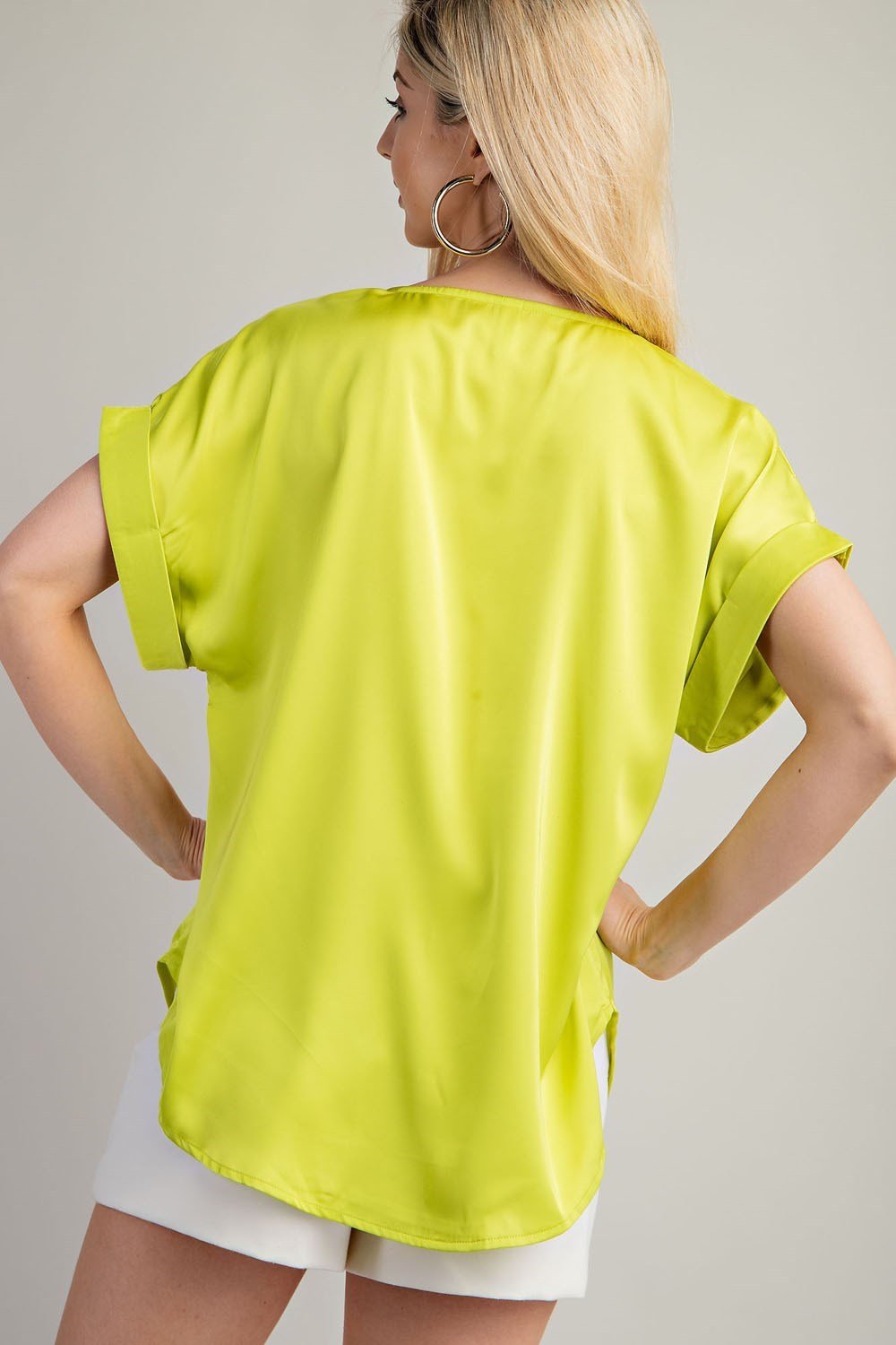 Lime V-Neck Short Sleeve Top, perfect for coastal boutique clothing, stylish tops for women, or tropical vacation dresses.