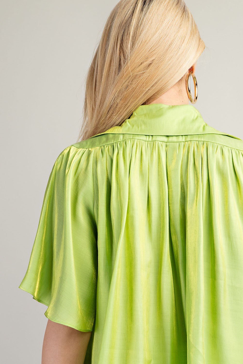 Lime Sparkle Button-up Flowy Top back view showing vibrant lime color and flowy design, perfect for summer outfits Texas.