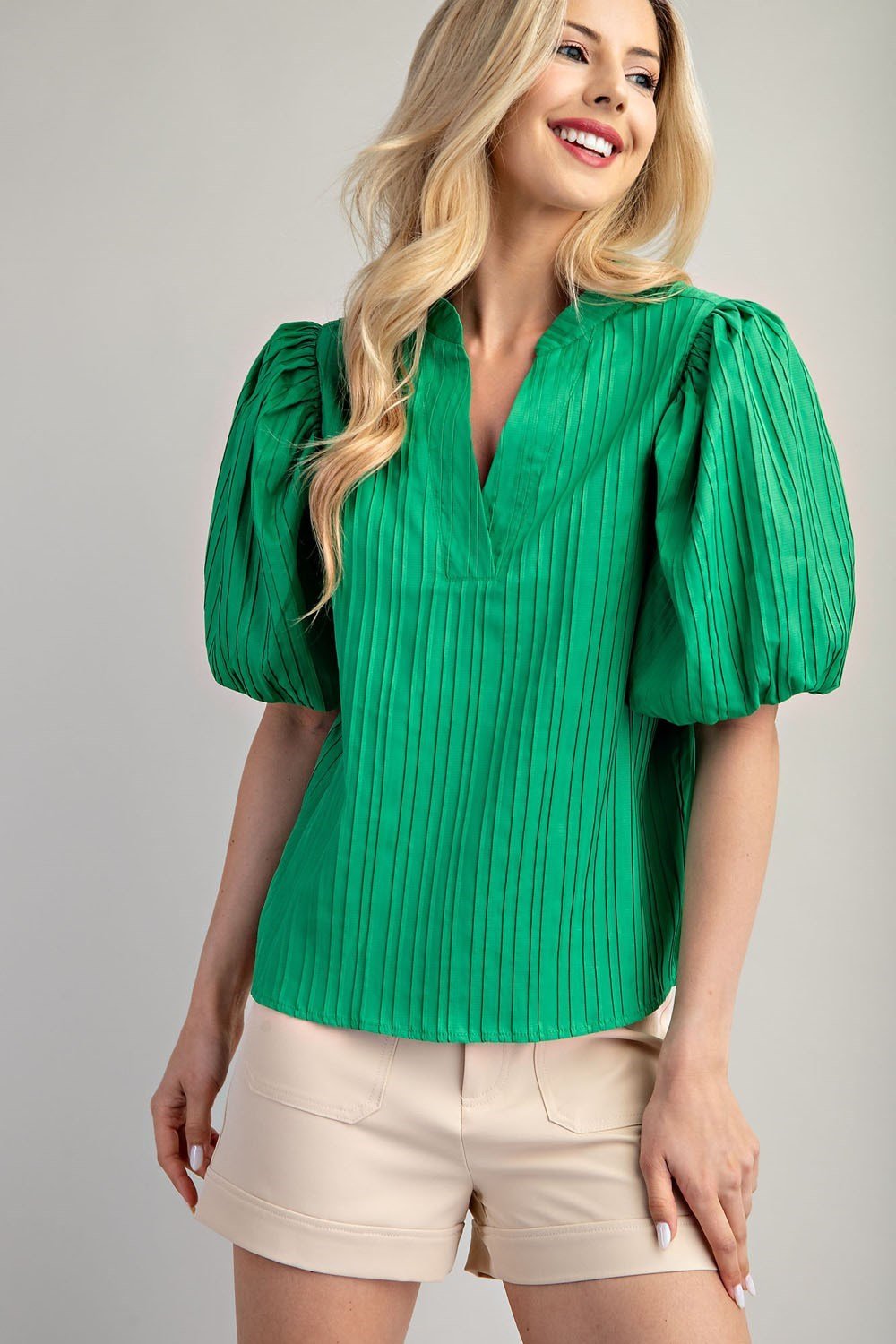GLAM (KGREEN) V-NECK PUFF SLEEVE TOP in vibrant green from Raggdoll Boutique, perfect for trendy coastal style.