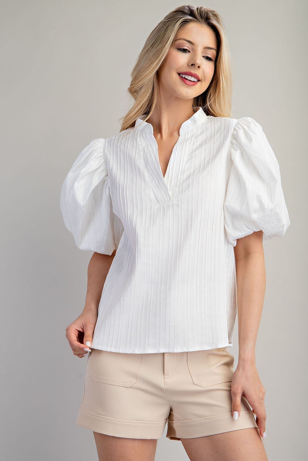 GLAM (WHITE) V-NECK PUFF SLEEVE TOP from Raggdoll Boutique, trendy coastal fashion for summer outfits Texas.