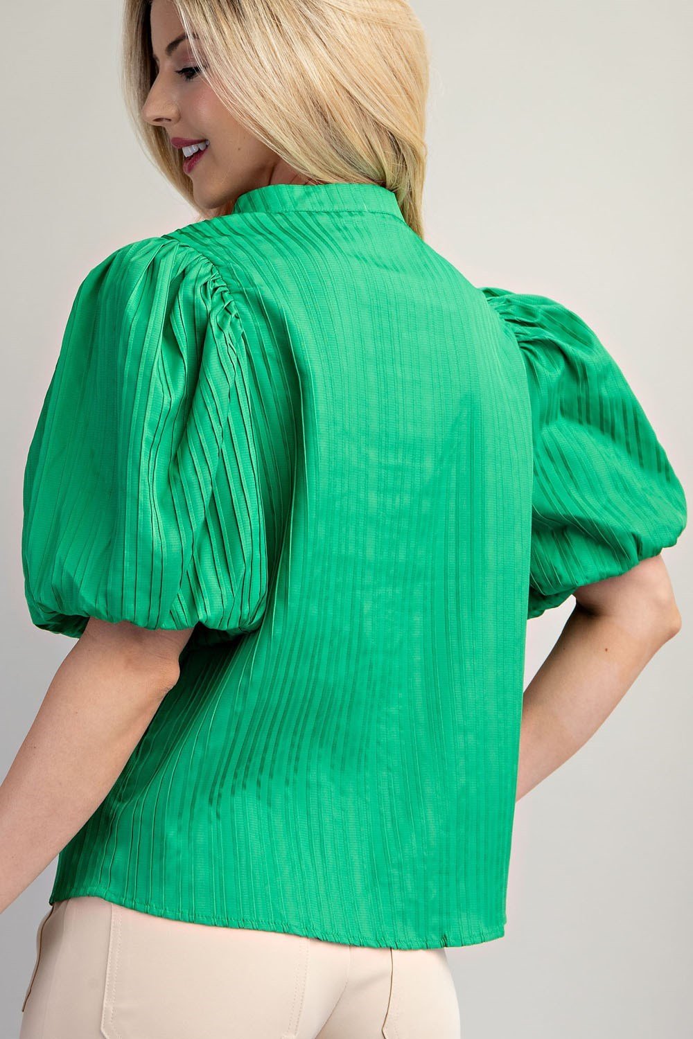 GLAM (KGREEN) V-NECK PUFF SLEEVE TOP in vibrant green, ideal for trendy coastal style from Raggdoll Boutique.