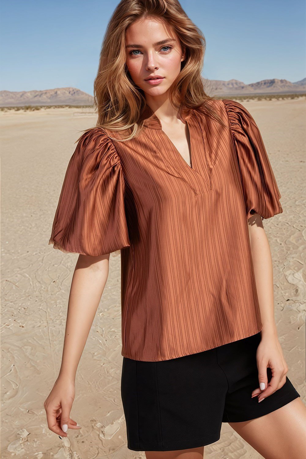 Terracotta V-neck textured top suitable for coastal boutique clothing, perfect for beach dresses and stylish tops for women.
