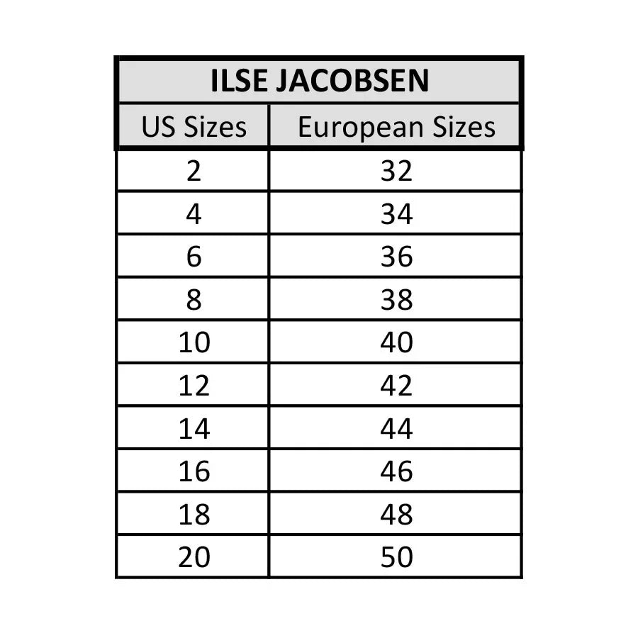 Size chart for ILSE JACOBSEN including US and European sizes for women’s clothing, useful for Raggdoll Boutique customers.