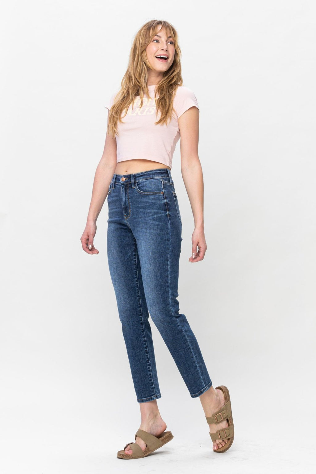 JUDY BLUE HW SHIELD BACK POCKET SLIM-DARK showcased on model, available at Raggdoll Boutique, Port Aransas.