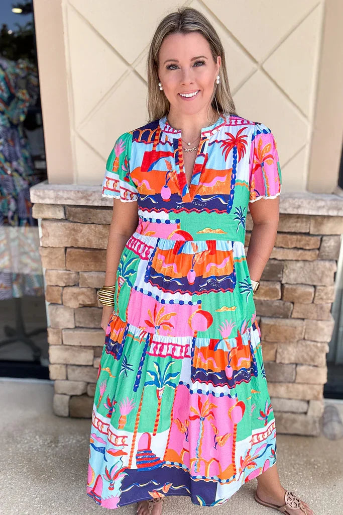 SHORT SLEEVE MULTI COLOR PRINT DRESS from Raggdoll Boutique, perfect for coastal fashion and summer outfits Texas.