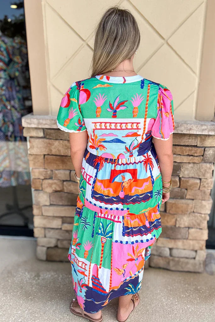SHORT SLEEVE MULTI COLOR PRINT DRESS displayed at Raggdoll Boutique, perfect for summer outfits Texas.