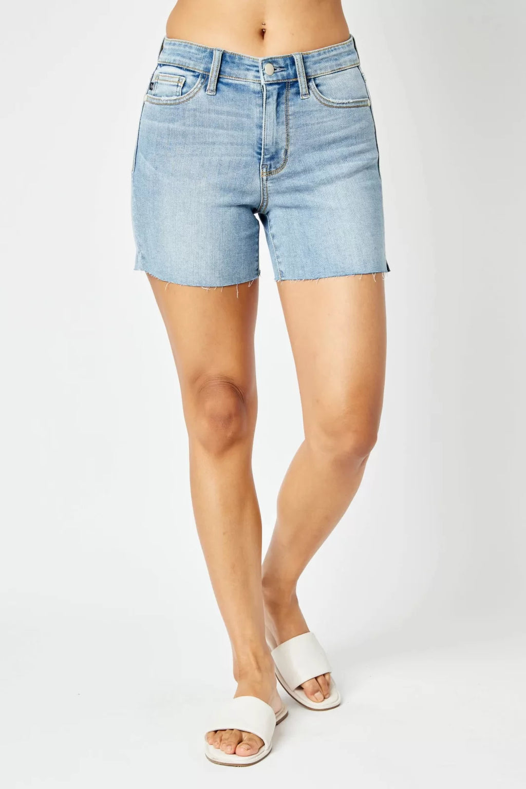 JUDY BLUE CUT OFF RAW HEM SHORTS-MID RISE from Raggdoll Boutique, stylish summer outfit in a coastal fashion.