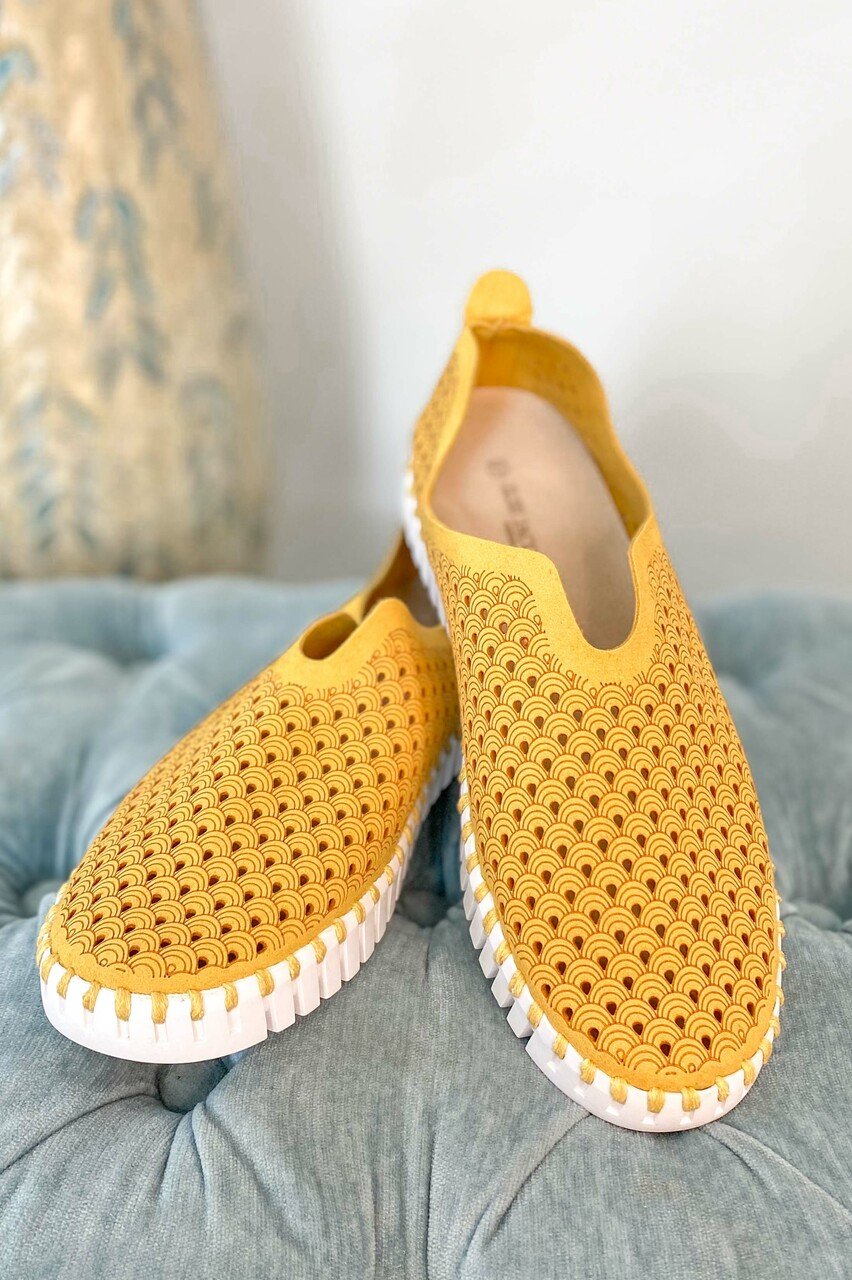 GOLDEN ROD TULIPS by ILSE JACOBSEN 139 yellow slip-on shoes from Raggdoll Boutique, perfect for trendy coastal style.