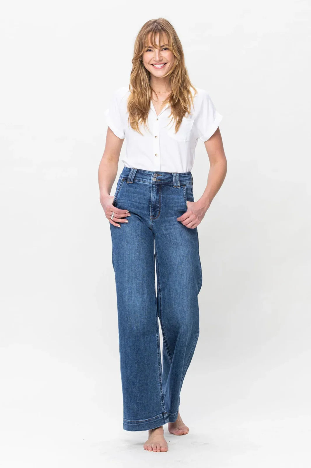 Judy Blue HW Double Button Wide Leg jeans, a stylish bottom for coastal boutique clothing and curvy plus size fashion.