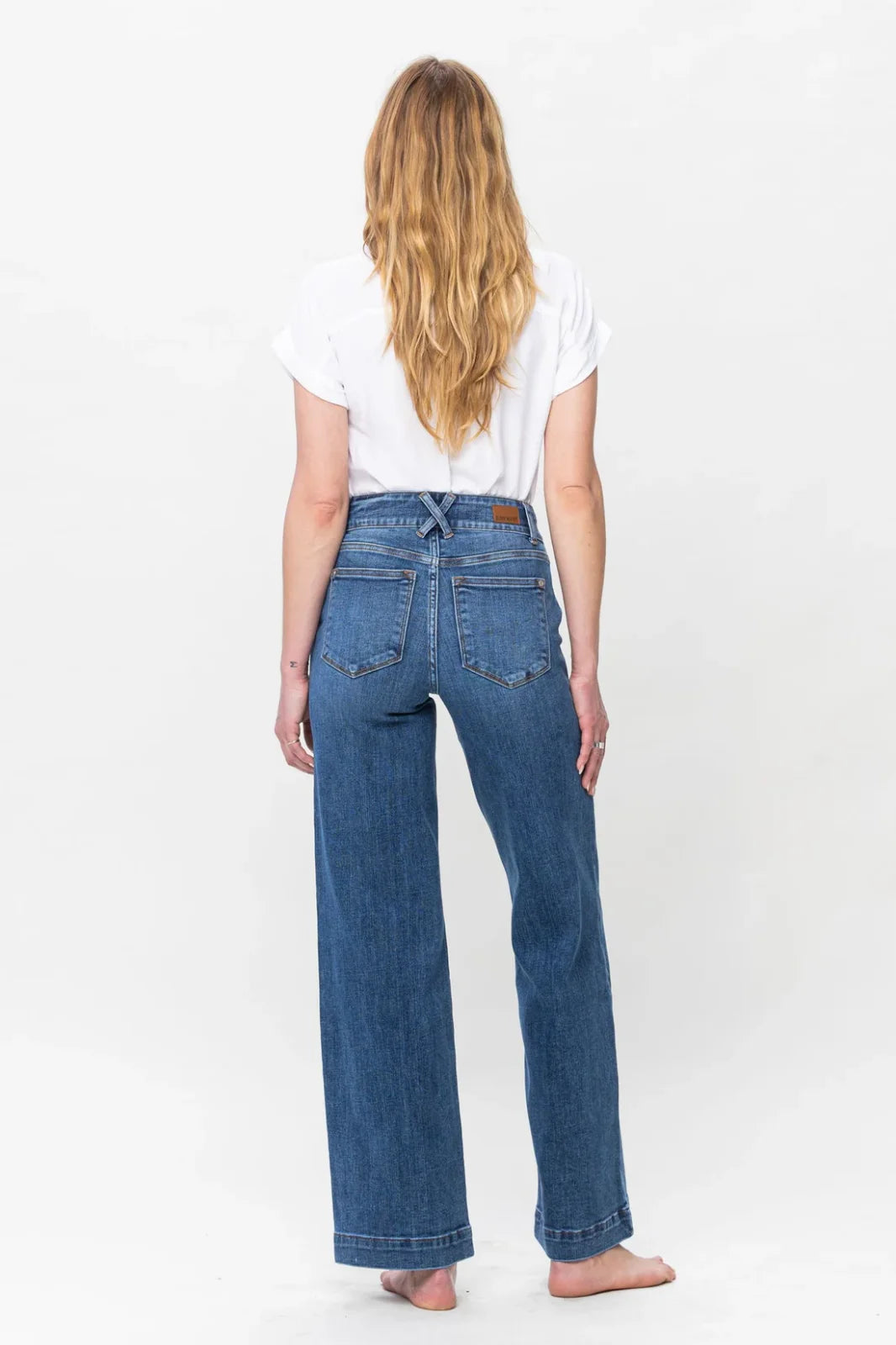 Judy Blue high waisted double button wide leg jeans from a coastal boutique, perfect for curvy plus size fashion.