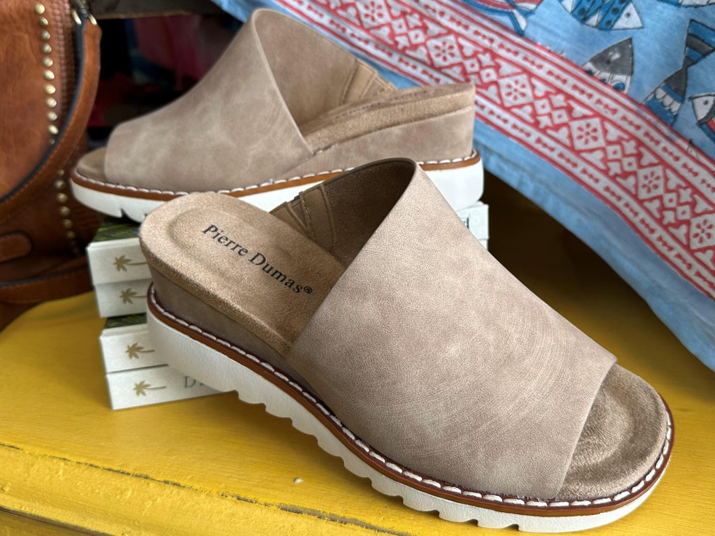 Bonnie Taupe Wedge by Pierre Dumas, stylish footwear perfect for coastal boutique clothing and tropical vacations.