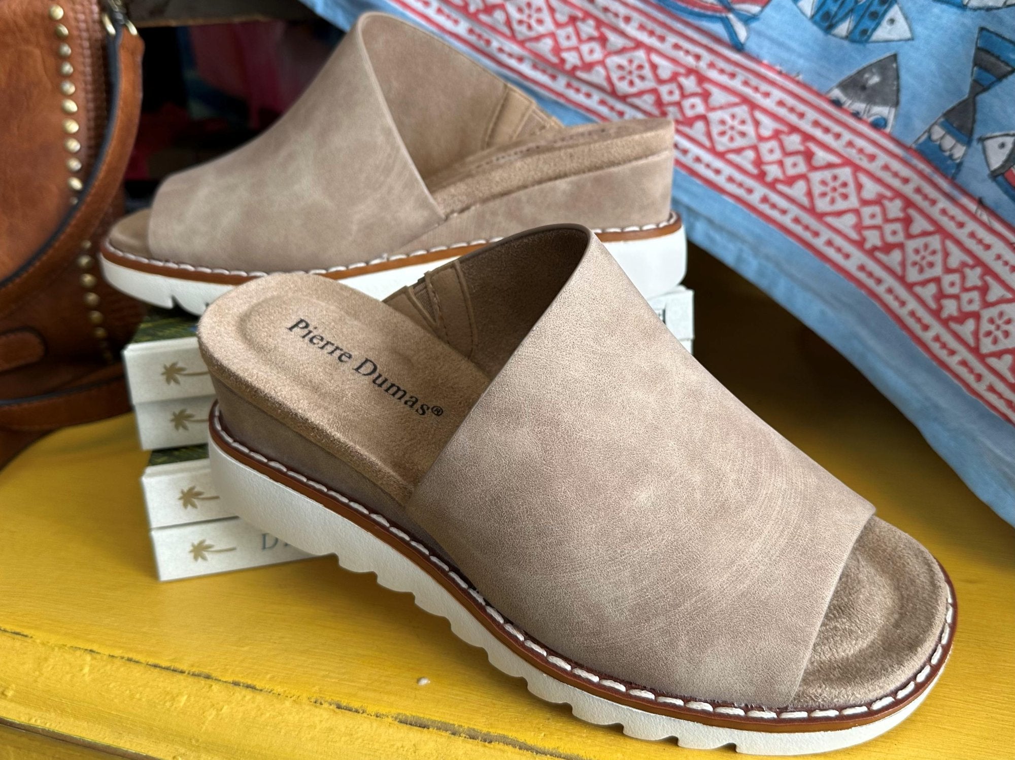 Bonnie Taupe Wedge by Pierre Dumas, stylish footwear perfect for coastal boutique clothing and tropical vacations.