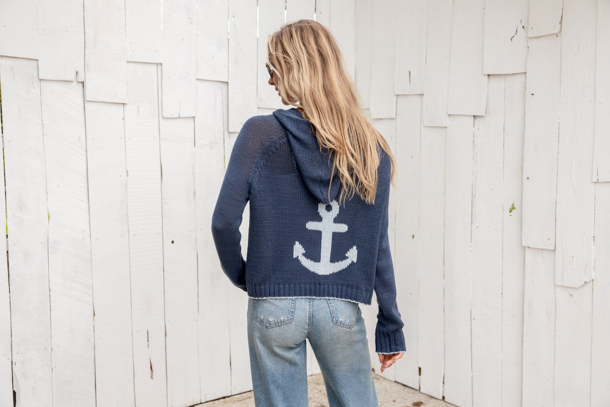 Stylish WS Wooden Ships Anchor Zip Hoodie in sky/ven blue, perfect for coastal boutique clothing and beach outfits.