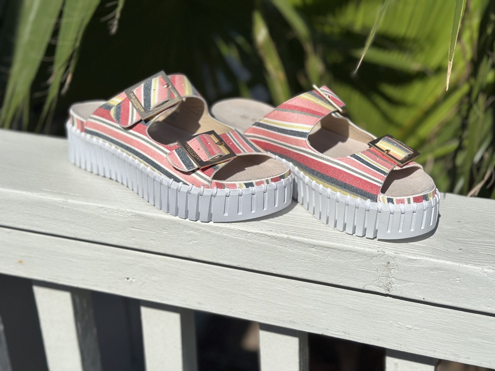 Stylish Ilse Jacobsen Peach Bud Stripe Sandal, perfect for coastal boutique clothing and tropical vacation dresses.