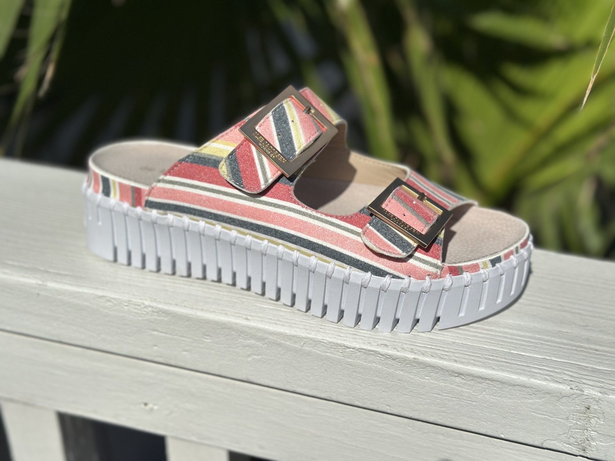 Stylish Ilse Jacobsen peach bud stripe sandal, perfect for coastal boutique clothing and tropical vacation dresses.