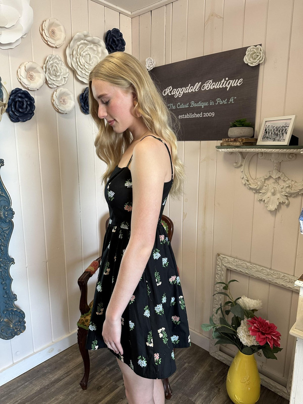 Myra Dress: Floral fit and flare mini dress, perfect for beach outings and coastal boutique style, ideal tropical vacation wear.