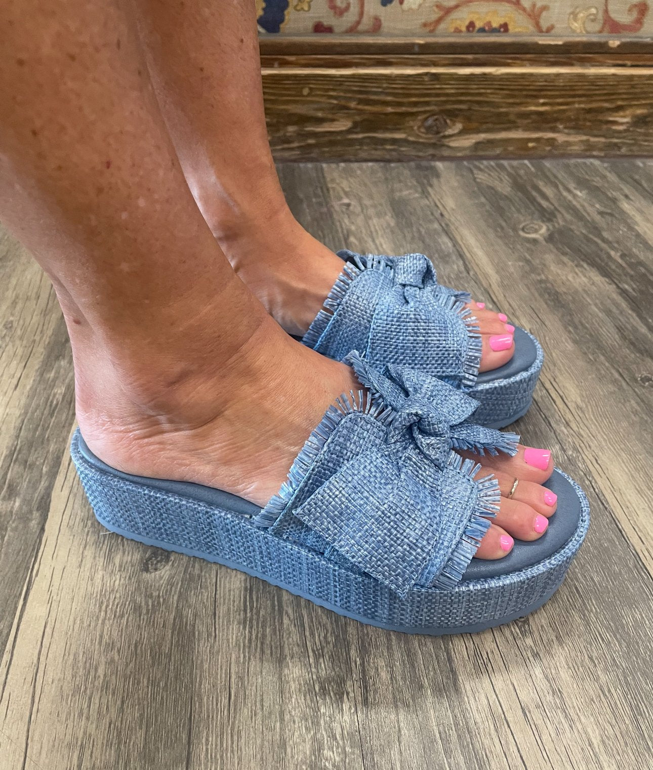 Marina Blue Sandal with bow detail, perfect for beach outfits and Port Aransas boutiques. Ideal for summer styling.