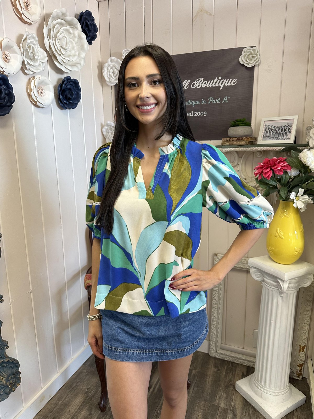 Vibrant tropical print Esme Top from Port Aransas boutique, showcasing stylish coastal fashion for women.